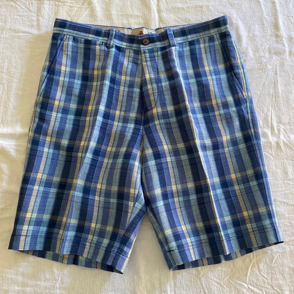 Tommy Bahama Mens Blue Yellow Plaid Linen Tencel Blend Shorts Size 33 RN 86549